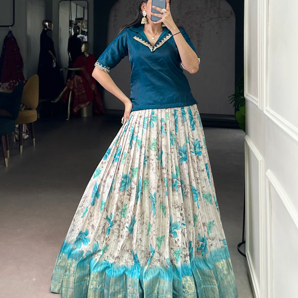 Lorenvalley Fashion Teal Dola Chex Floral Printed With Zari Weaving Work Lehenga Choli