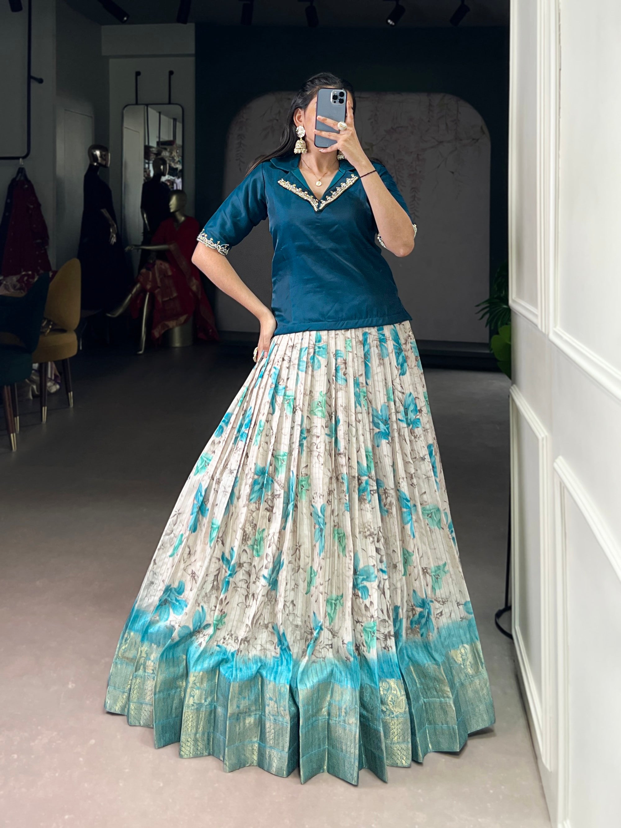 Lorenvalley Fashion Teal Dola Chex Floral Printed With Zari Weaving Work Lehenga Choli