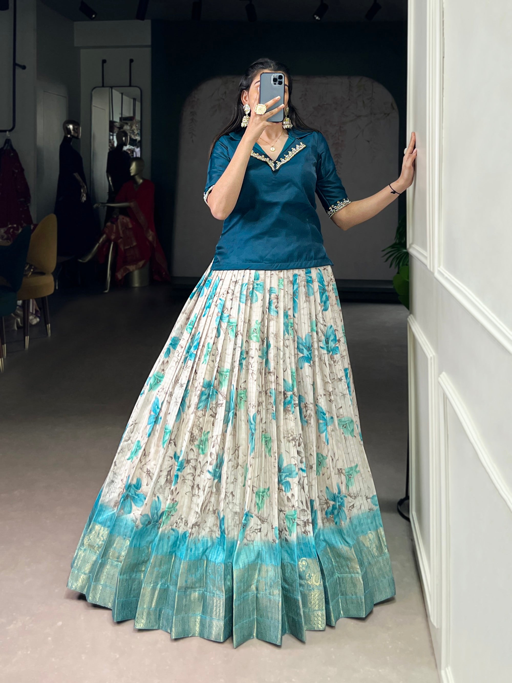 Lorenvalley Fashion Teal Dola Chex Floral Printed With Zari Weaving Work Lehenga Choli