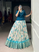Thumbnail for Lorenvalley Fashion Teal Dola Chex Floral Printed With Zari Weaving Work Lehenga Choli