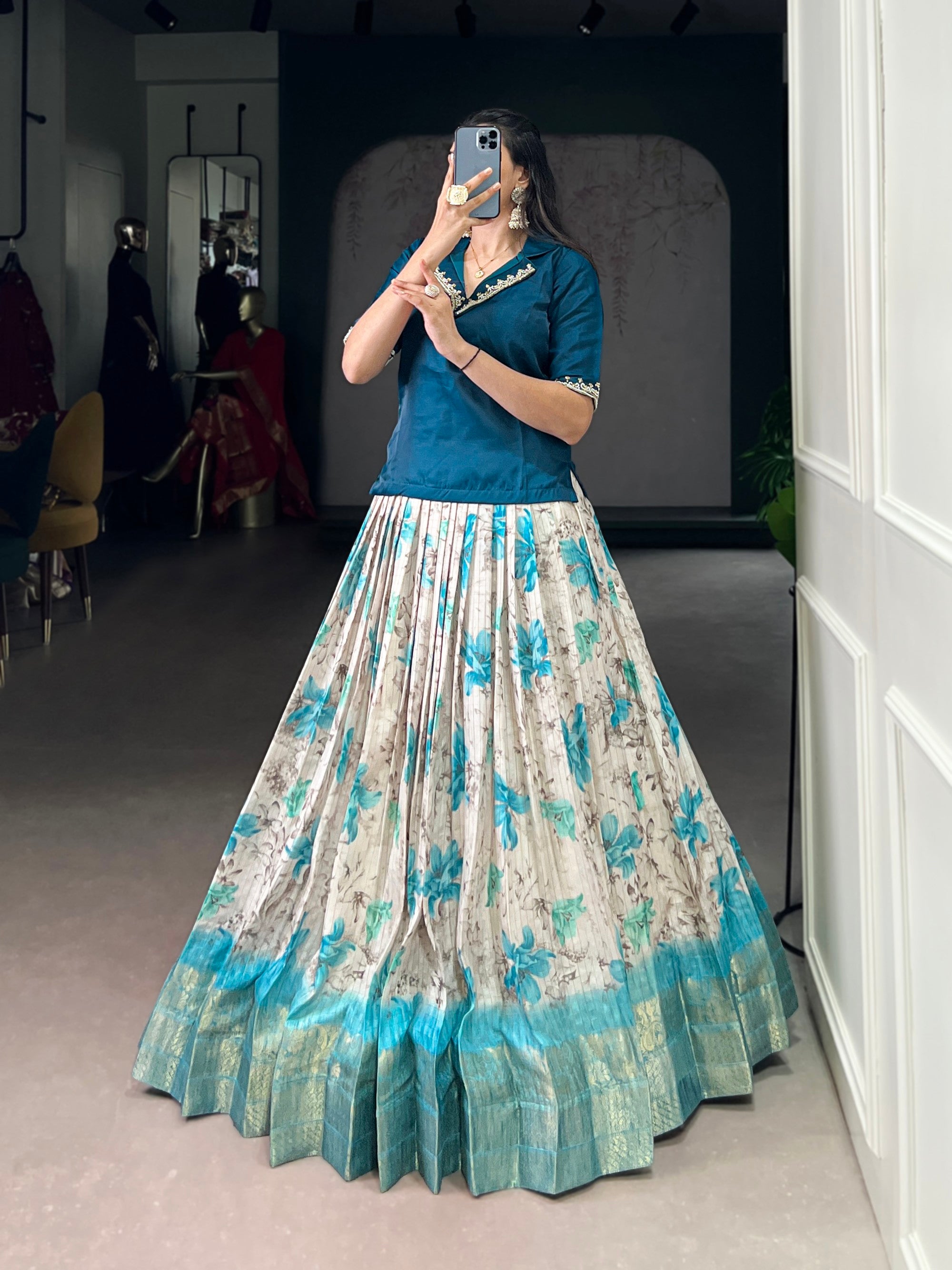Lorenvalley Fashion Teal Dola Chex Floral Printed With Zari Weaving Work Lehenga Choli