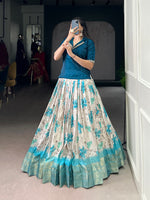 Thumbnail for Lorenvalley Fashion Teal Dola Chex Floral Printed With Zari Weaving Work Lehenga Choli