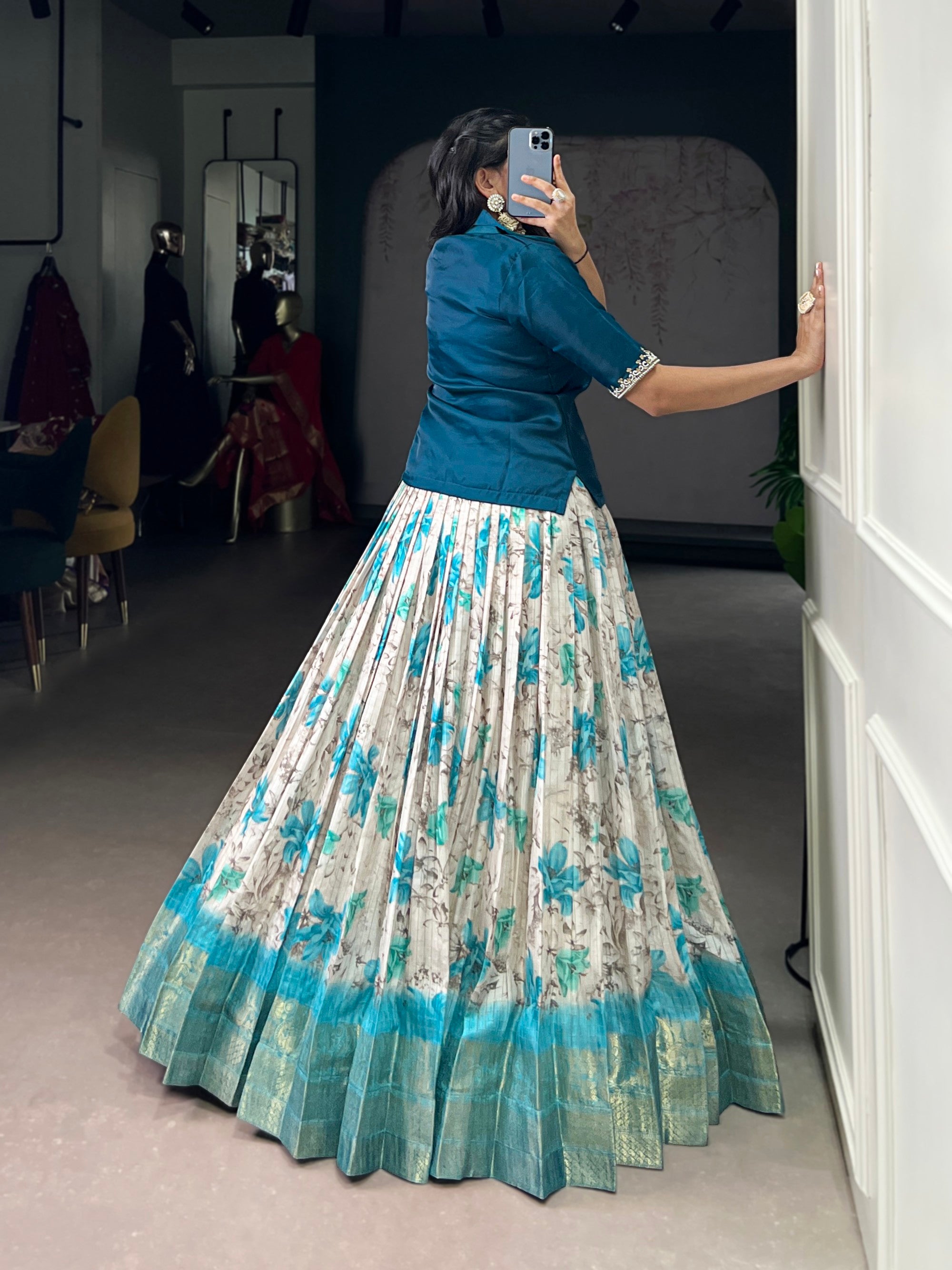 Lorenvalley Fashion Teal Dola Chex Floral Printed With Zari Weaving Work Lehenga Choli