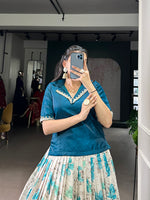 Thumbnail for Lorenvalley Fashion Teal Dola Chex Floral Printed With Zari Weaving Work Lehenga Choli