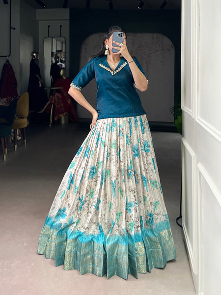 Lorenvalley Fashion Teal Dola Chex Floral Printed With Zari Weaving Work Lehenga Choli