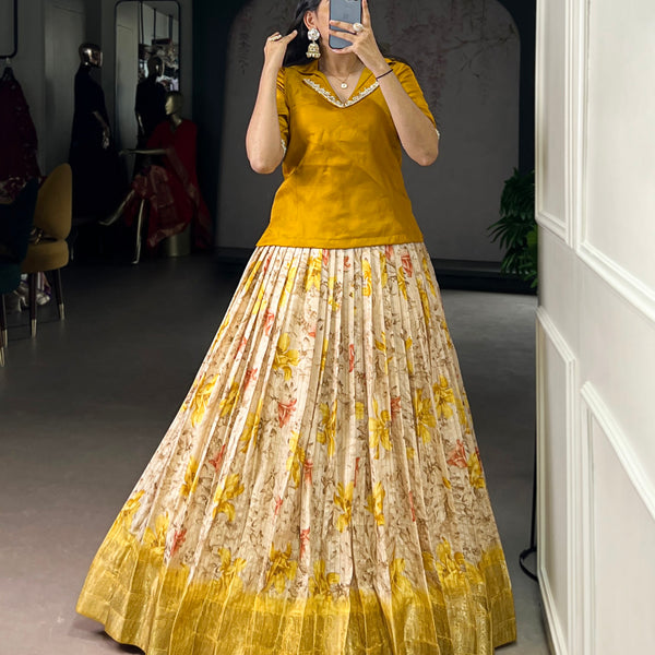 Lorenvalley Fashion Yellow Dola Chex Floral Printed With Zari Weaving Work Lehenga Choli