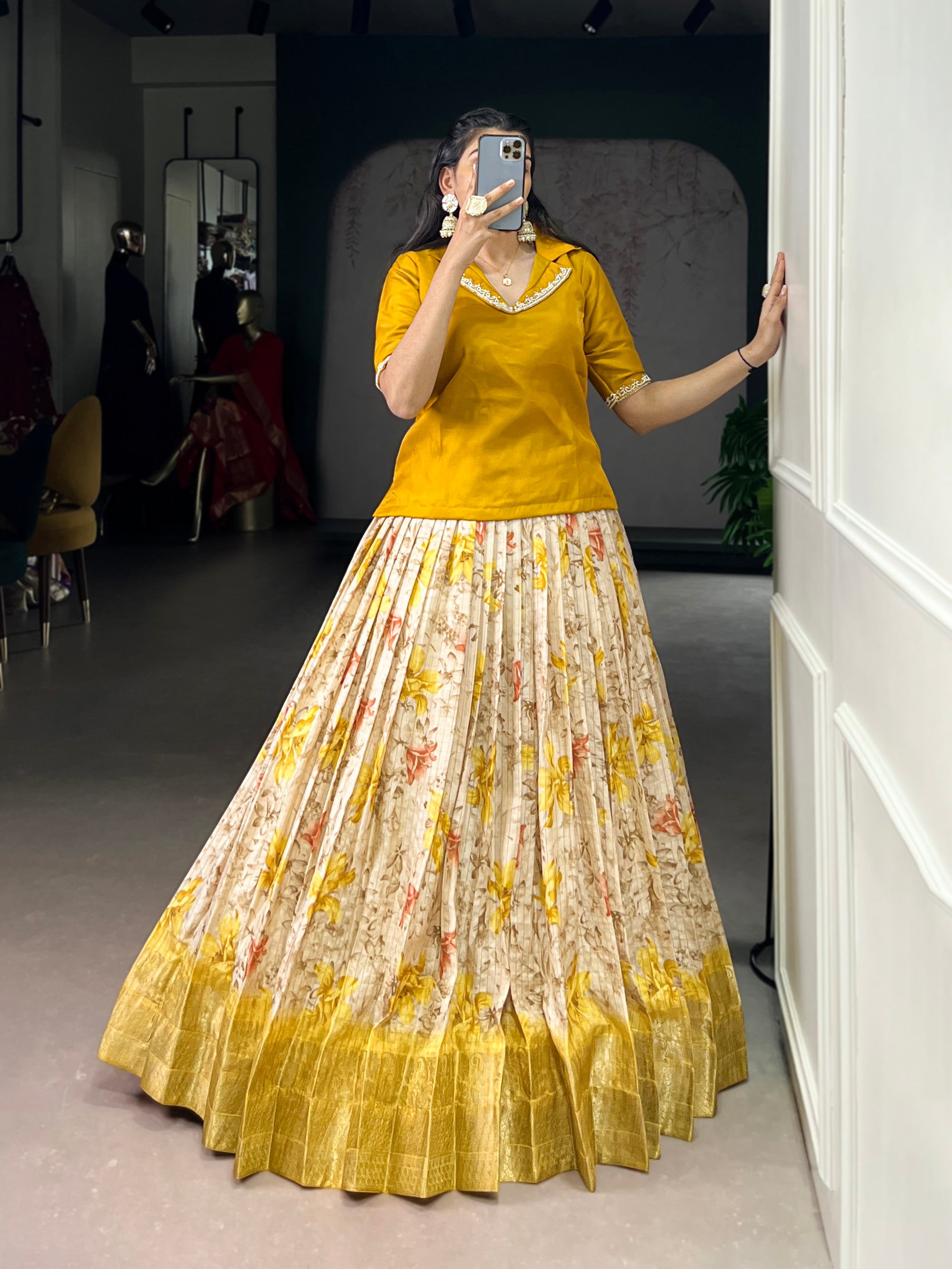 Lorenvalley Fashion Yellow Dola Chex Floral Printed With Zari Weaving Work Lehenga Choli