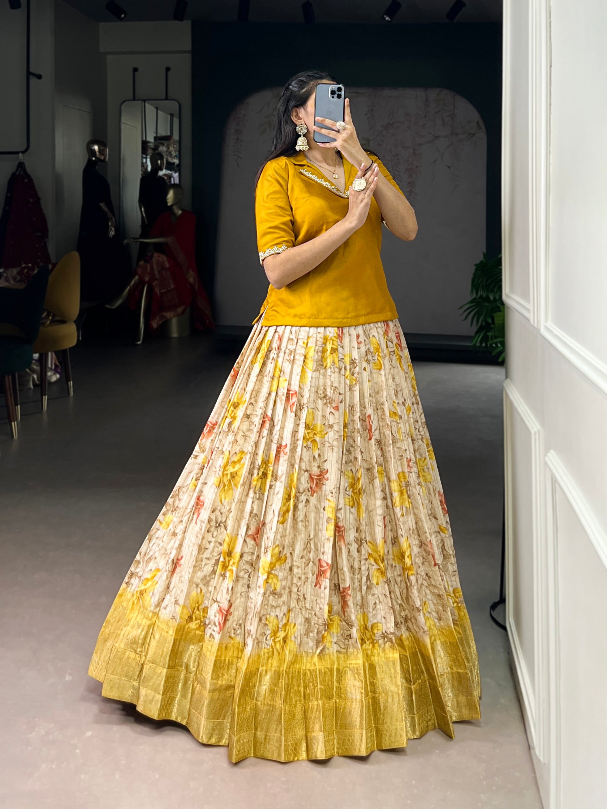 Lorenvalley Fashion Yellow Dola Chex Floral Printed With Zari Weaving Work Lehenga Choli
