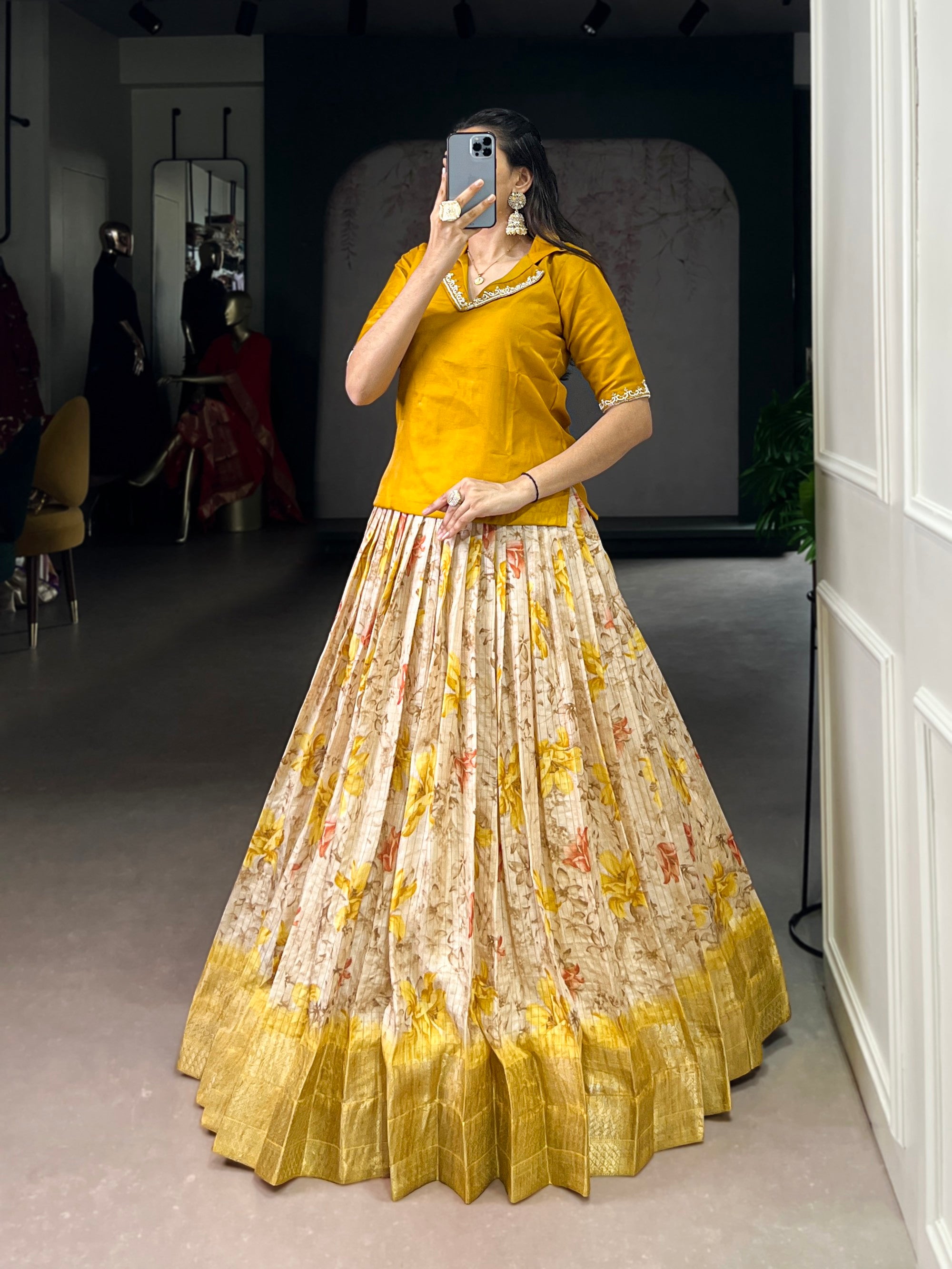 Lorenvalley Fashion Yellow Dola Chex Floral Printed With Zari Weaving Work Lehenga Choli
