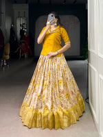 Thumbnail for Lorenvalley Fashion Yellow Dola Chex Floral Printed With Zari Weaving Work Lehenga Choli