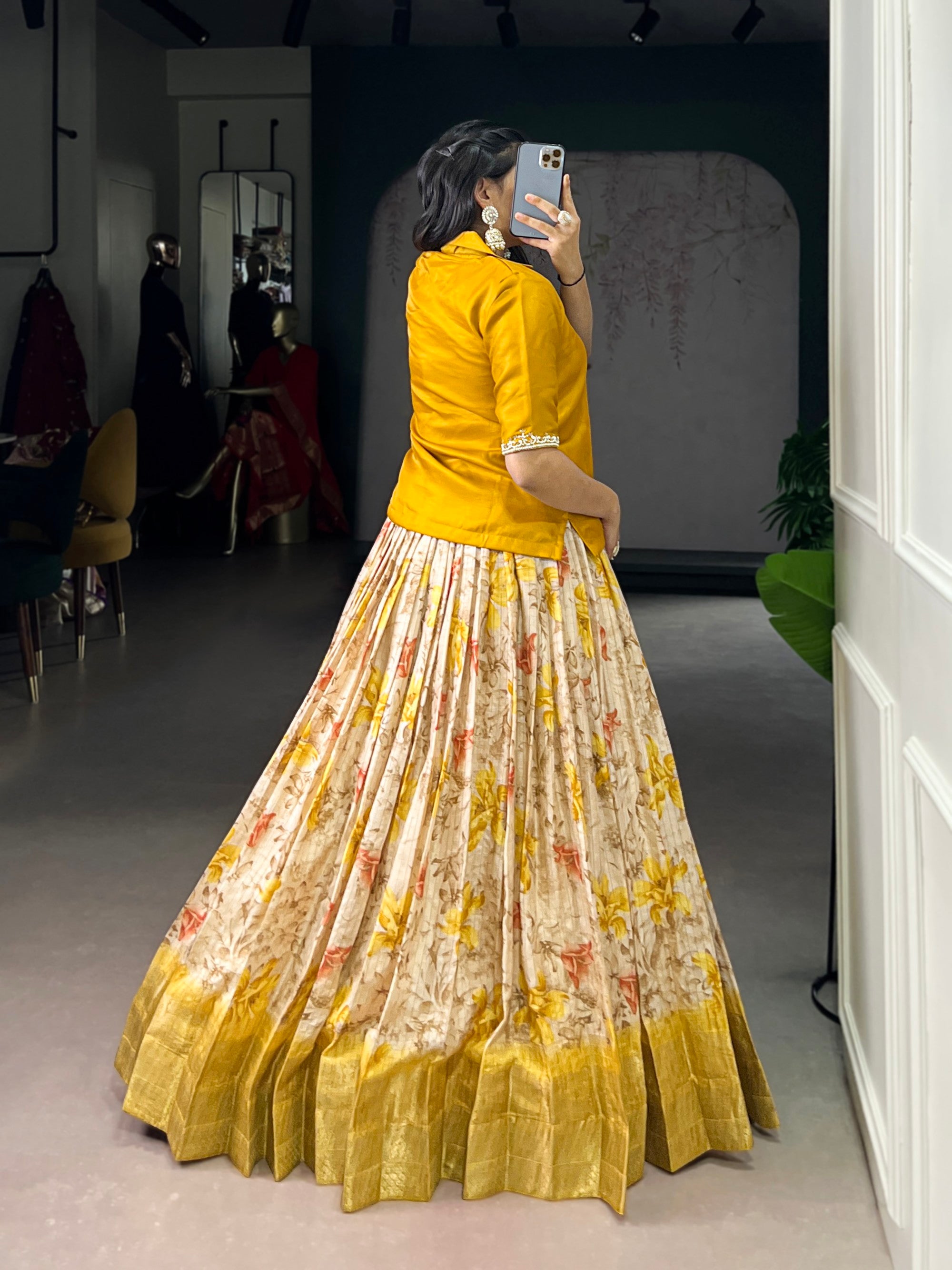 Lorenvalley Fashion Yellow Dola Chex Floral Printed With Zari Weaving Work Lehenga Choli