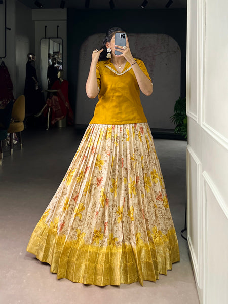 Lorenvalley Fashion Yellow Dola Chex Floral Printed With Zari Weaving Work Lehenga Choli