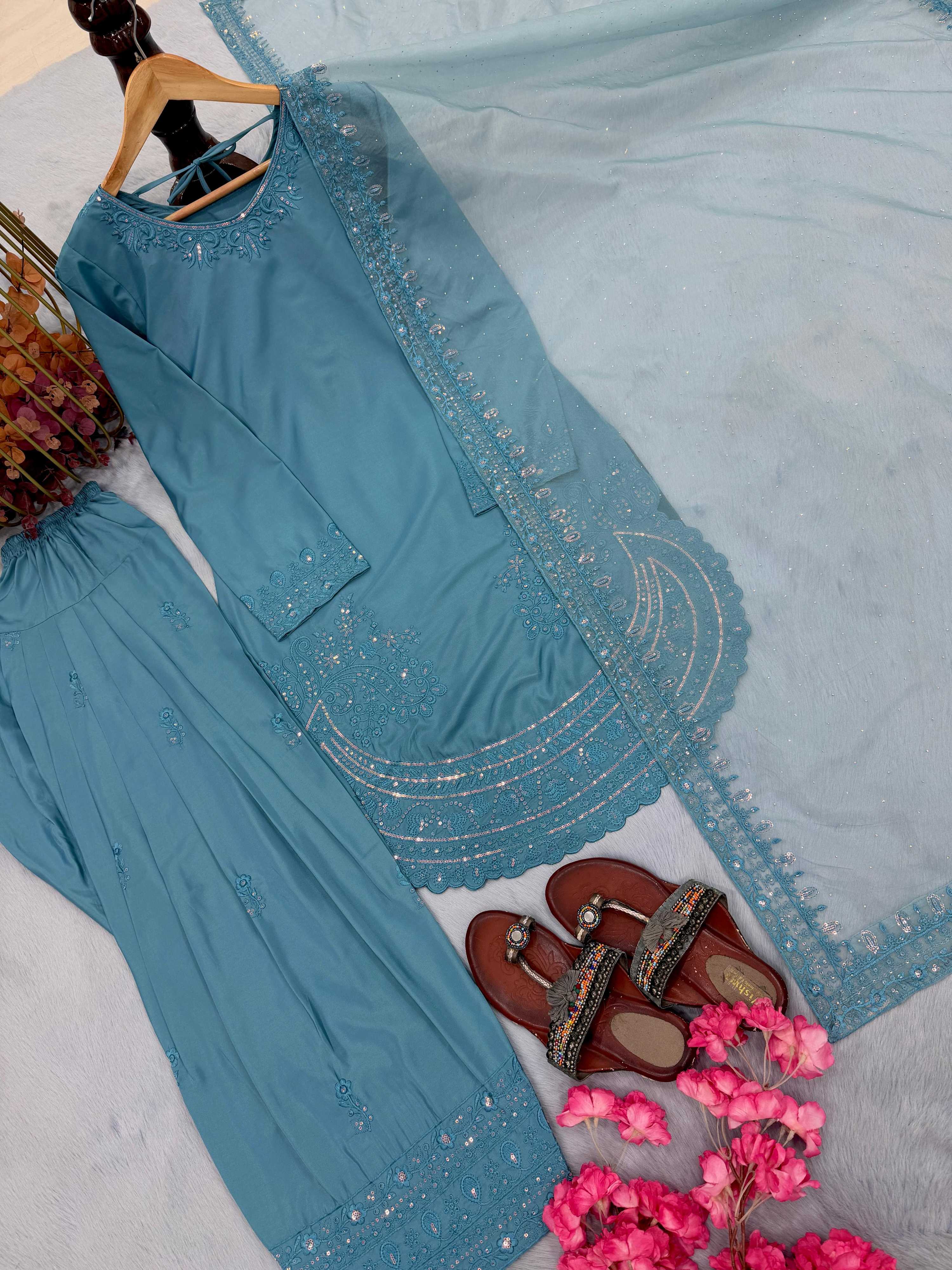 Anaita Blue Crepe Readymade Suit with Embroidery & Sequence Work - Dista