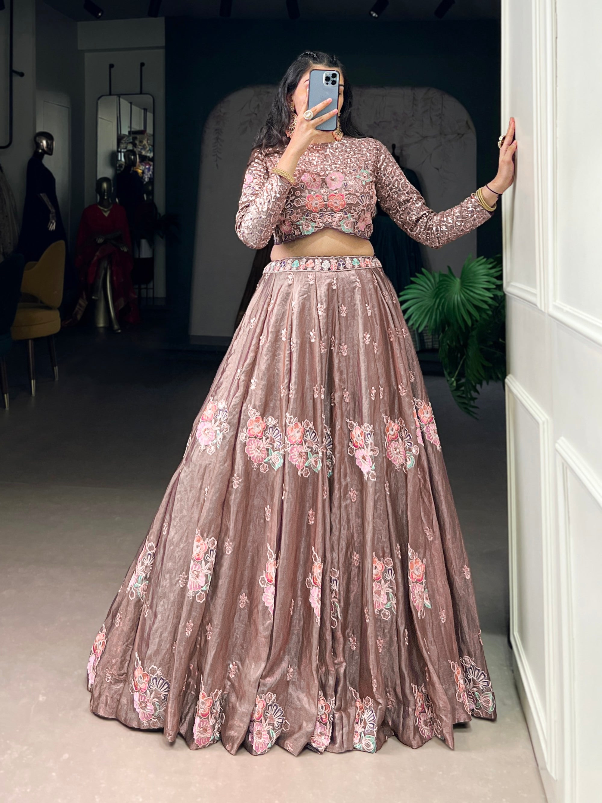 Lorenvalley Fashion Onionpink Fendy Silk Sequins and Thread Embroidery Work Lehenga Choli