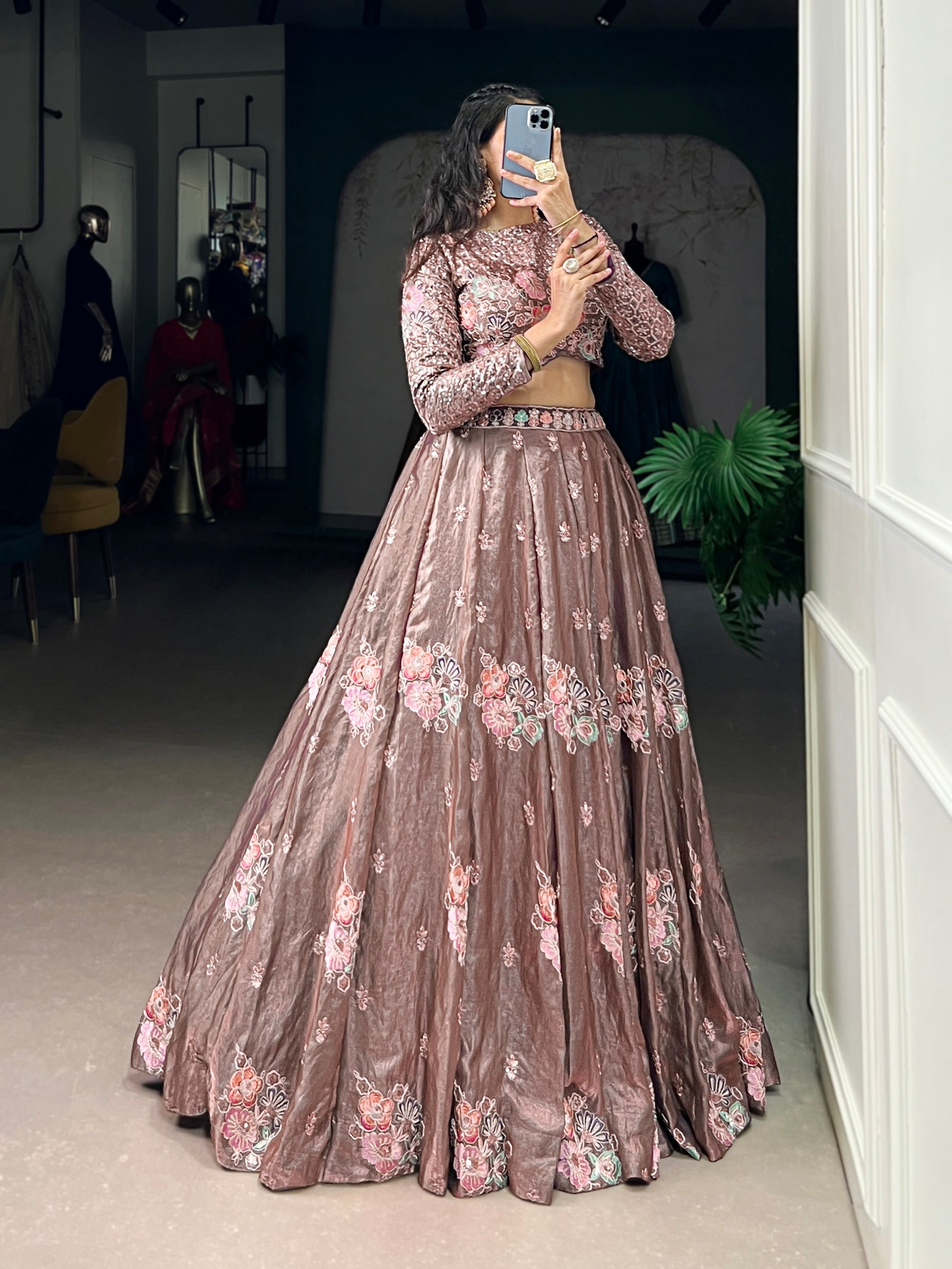 Lorenvalley Fashion Onionpink Fendy Silk Sequins and Thread Embroidery Work Lehenga Choli