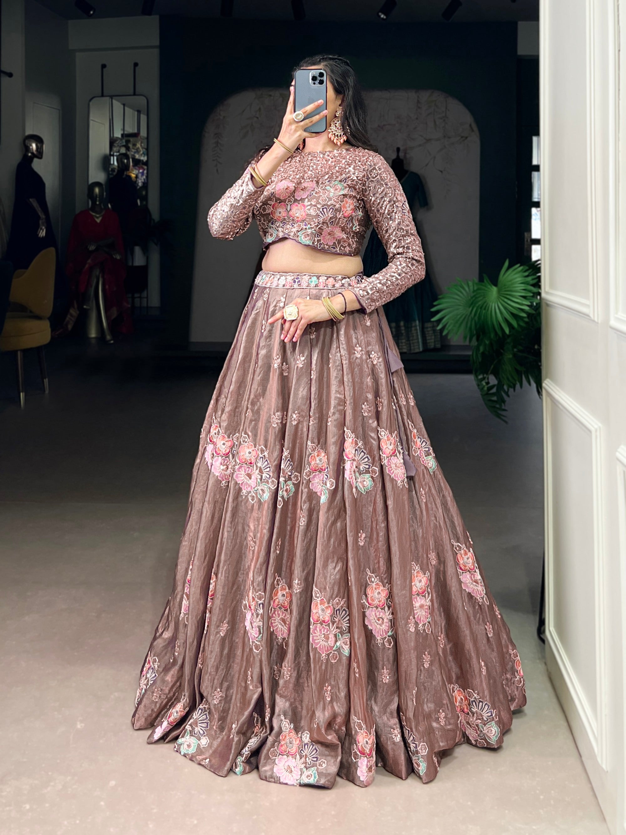 Lorenvalley Fashion Onionpink Fendy Silk Sequins and Thread Embroidery Work Lehenga Choli