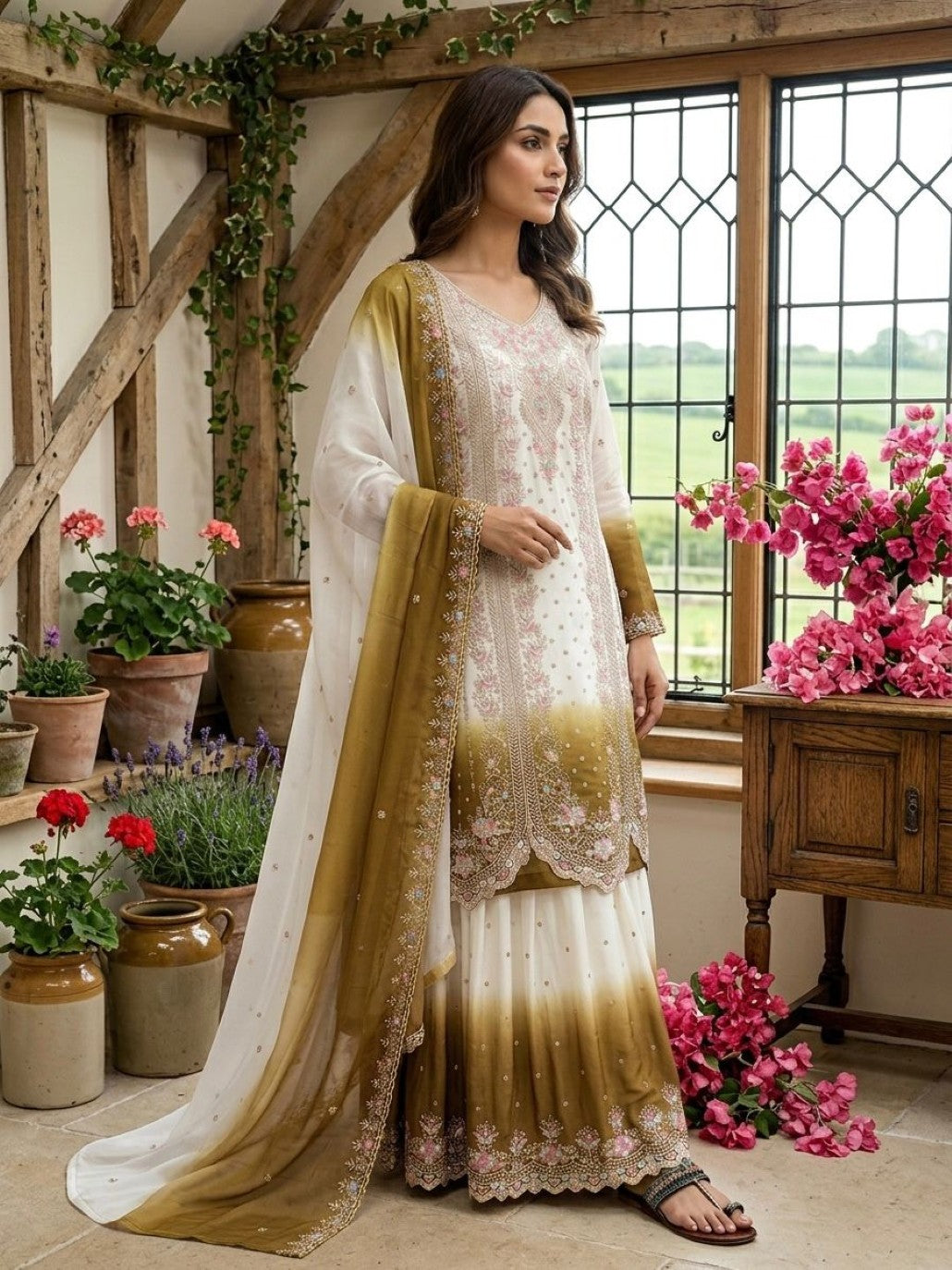 Anaita Brown&White Georgette Readymade Suit with Embroidery & Thread Work - Dista