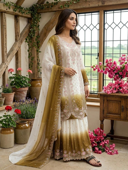 Anaita Brown&White Georgette Readymade Suit with Embroidery & Thread Work - Dista