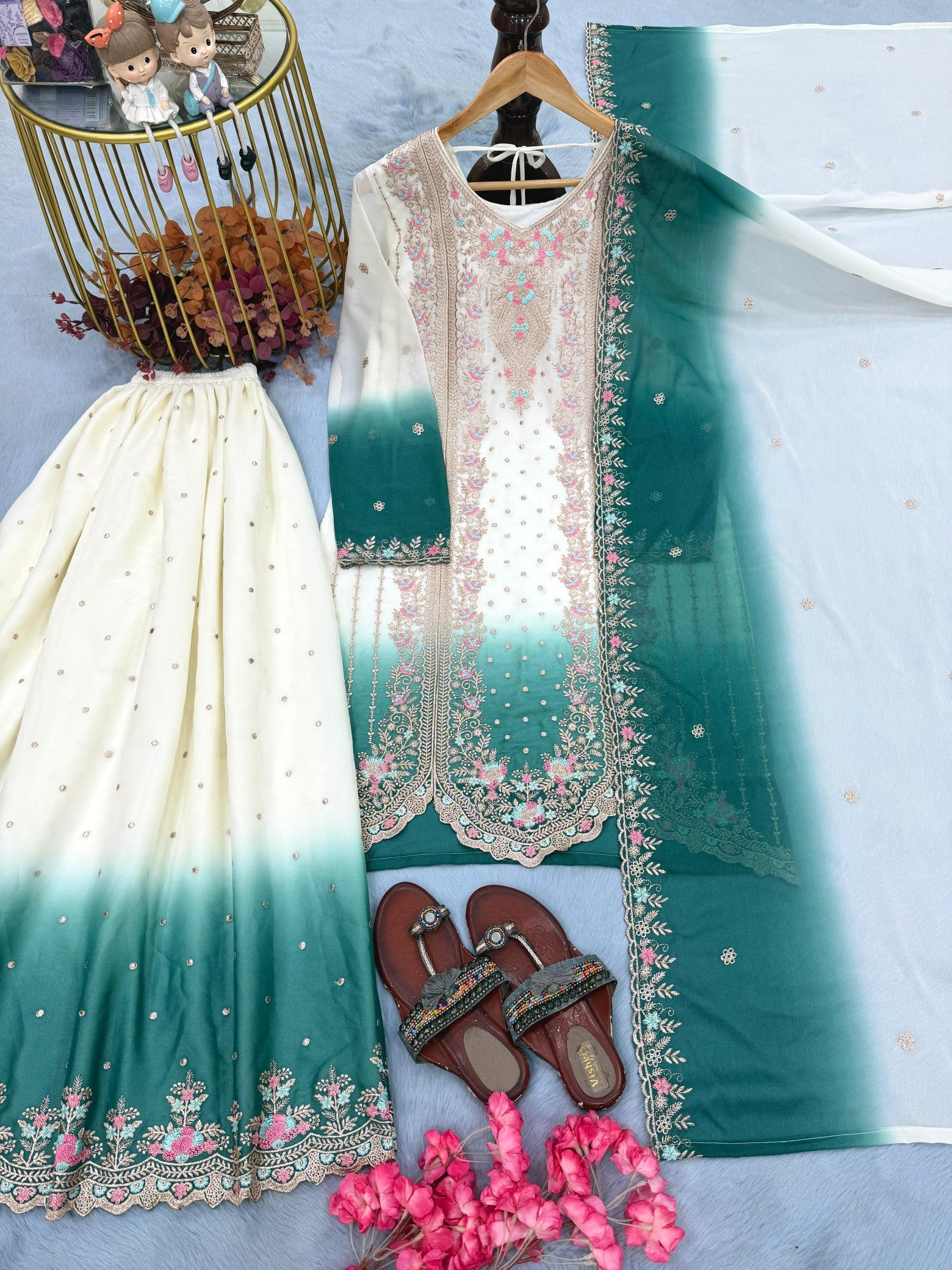 Anaita Blue&White Georgette Readymade Suit with Embroidery & Thread Work - Dista