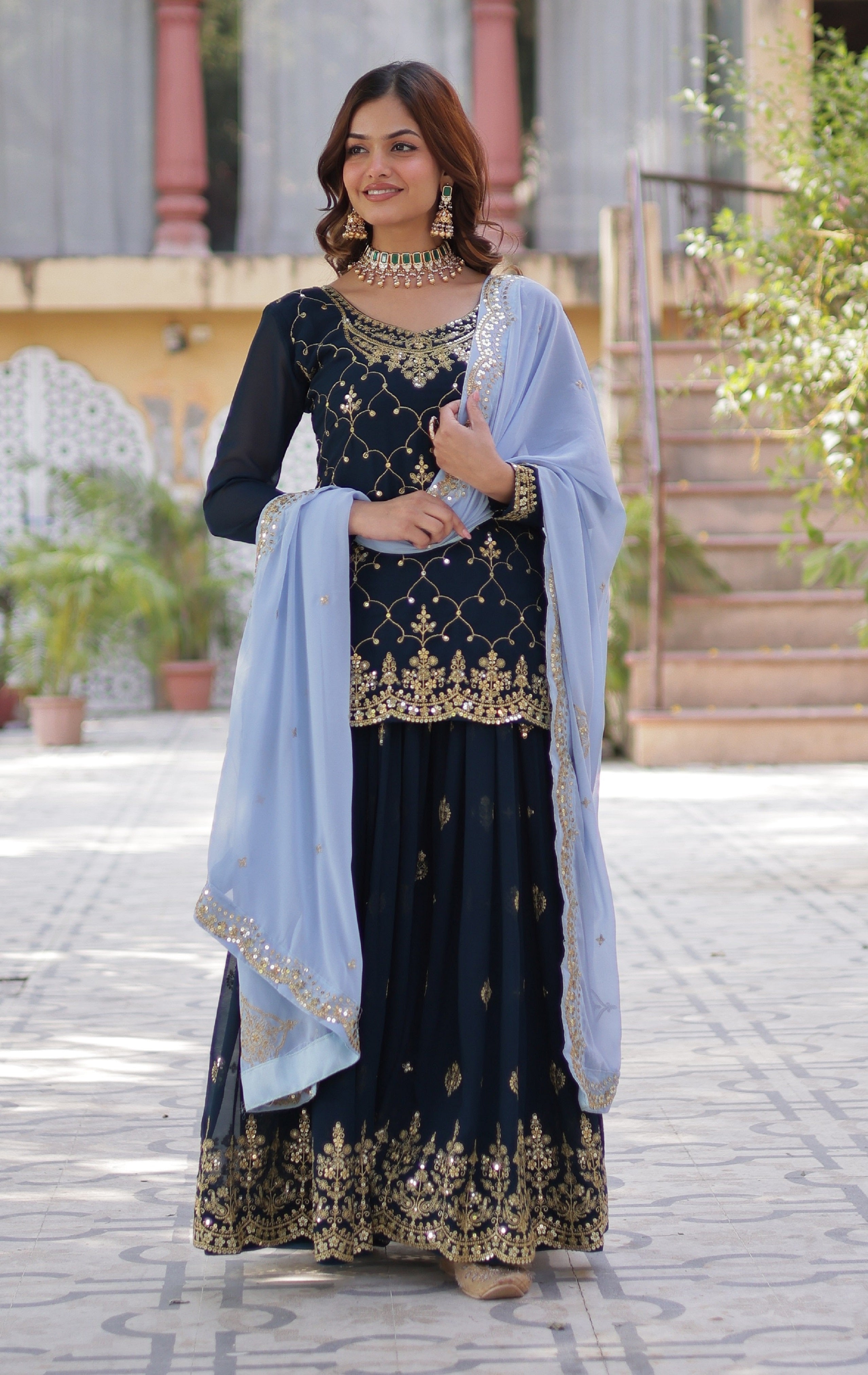 Vedant Vastram Heavy Embroidery & Sequins Work Pure Georgette Kurti Plazo Set With Dupatta - Blue - Distacart