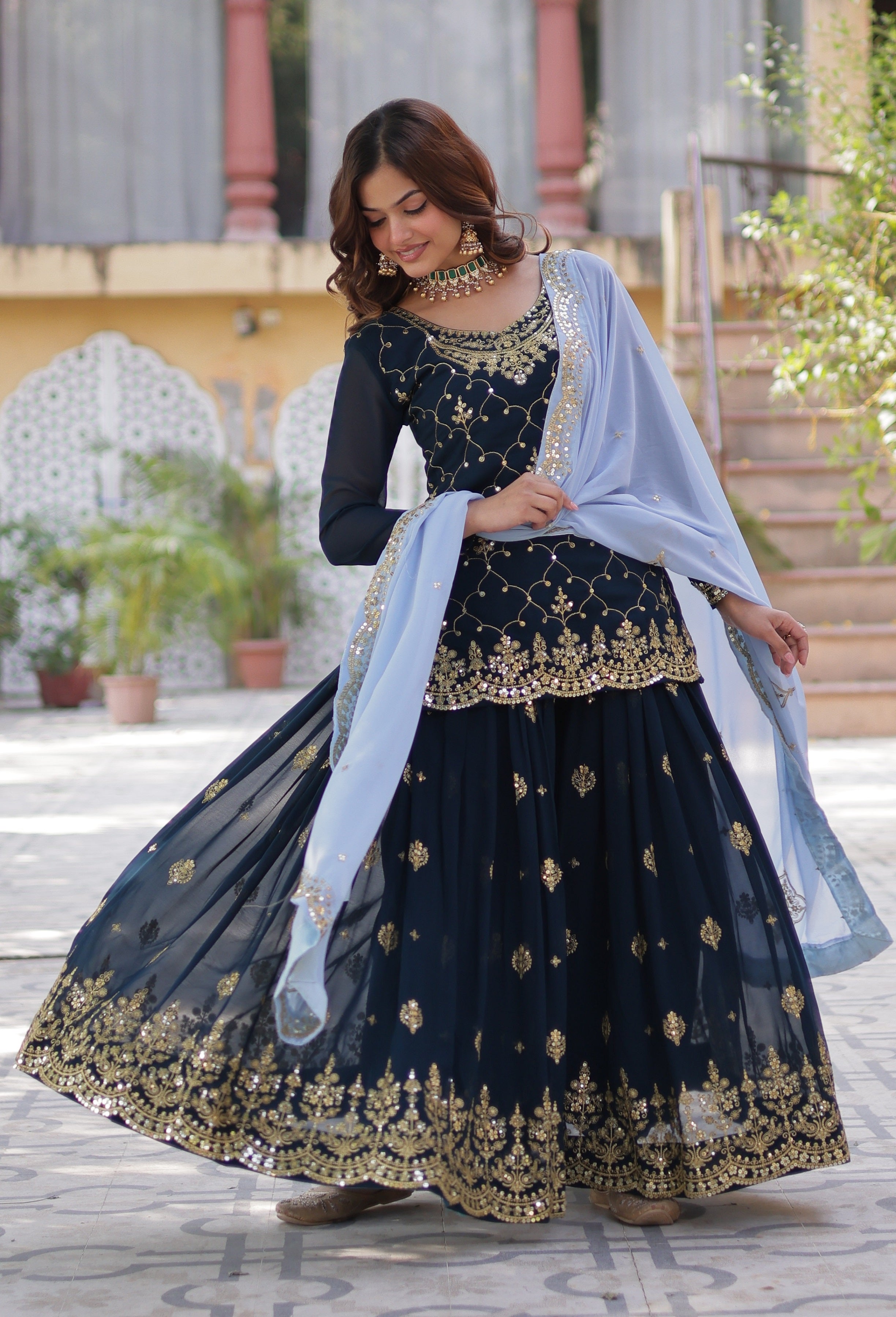 Vedant Vastram Heavy Embroidery & Sequins Work Pure Georgette Kurti Plazo Set With Dupatta - Blue - Distacart