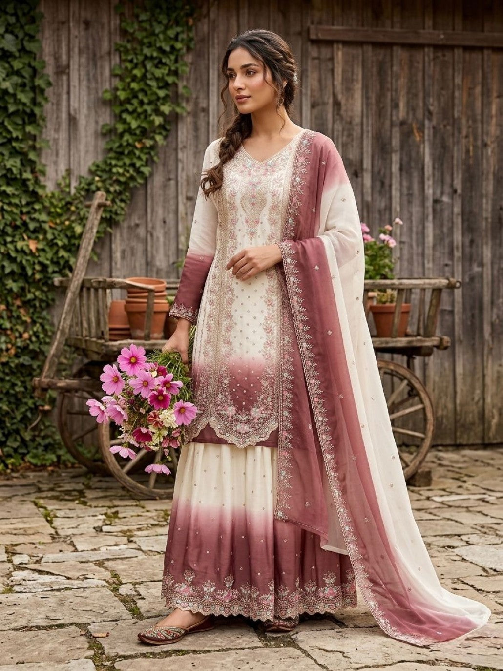 Anaita Pink&White Georgette Readymade Suit with Embroidery & Thread Work - Dista