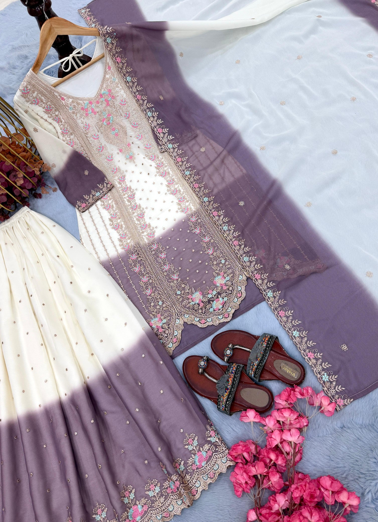 Anaita Lavender&White Georgette Readymade Suit with Embroidery & Thread Work - Dista