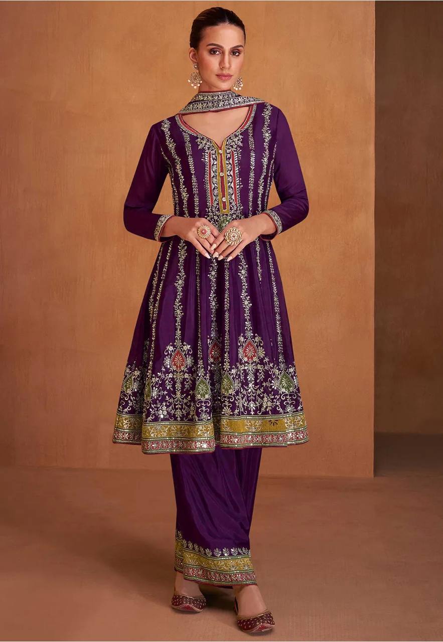 Lorenvalley Purple Chinon Embroidery With Sequince Work Salwar Kameez Stitched - Distacart
