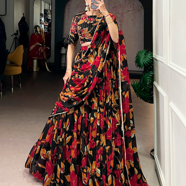 Lorenvalley Fashion Multicolor Marble Floral Printed Lehenga Choli with Dupatta - Distacart