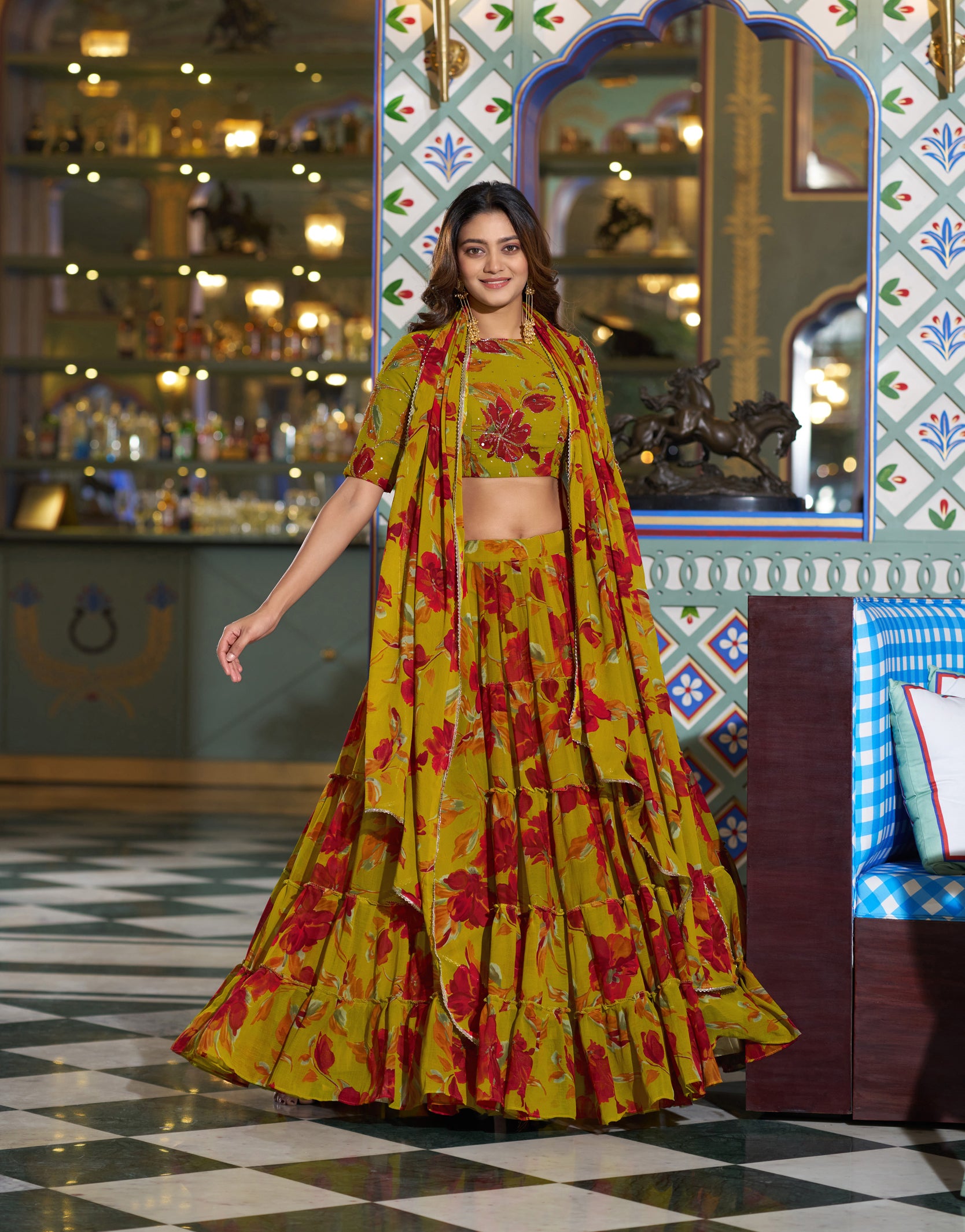Lorenvalley Fashion Multicolor Marble Floral Printed Lehenga Choli With Dupatta - Dista