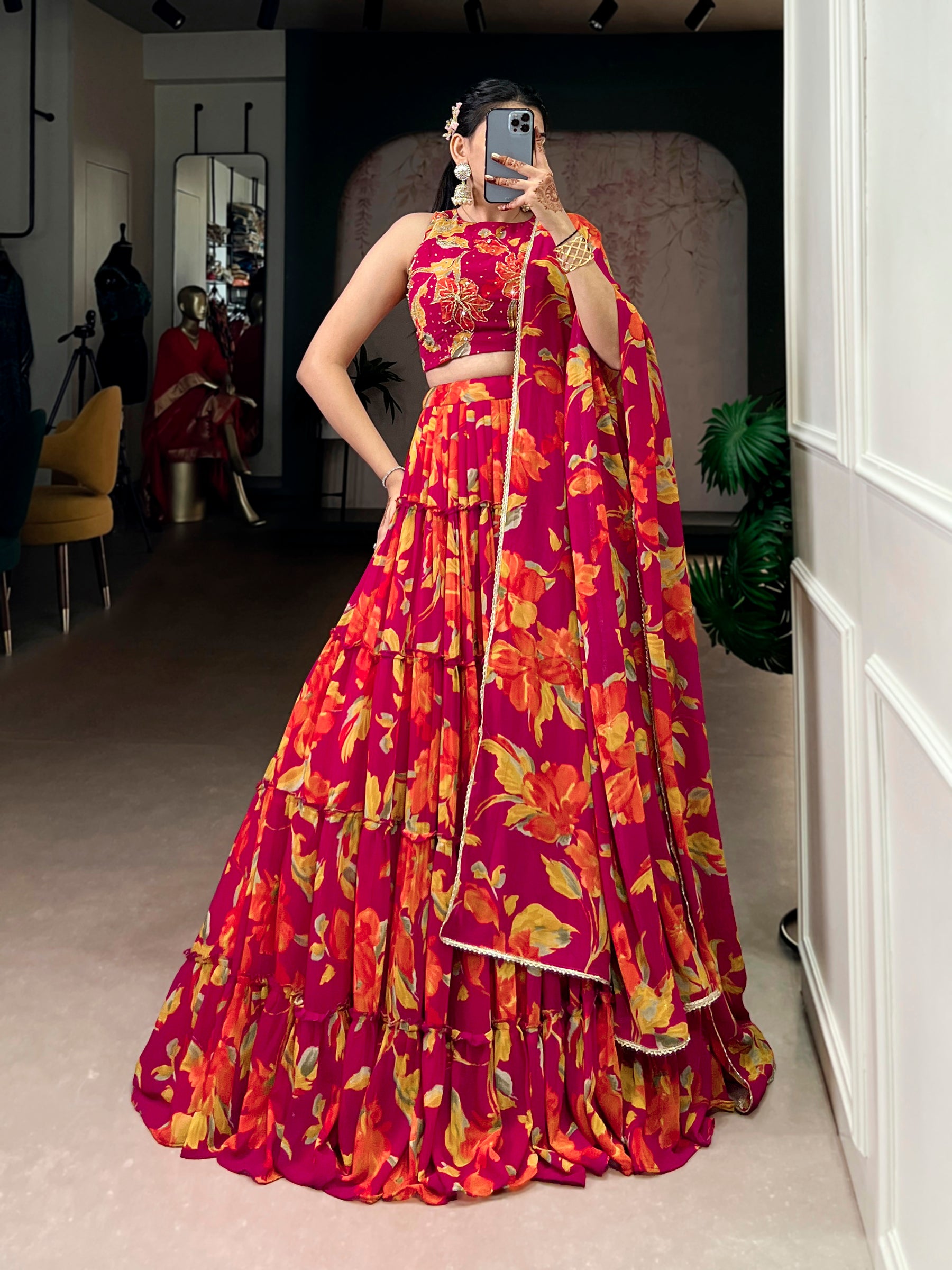 Lorenvalley Fashion Multicolor Marble Floral Printed Lehenga Choli with Dupatta