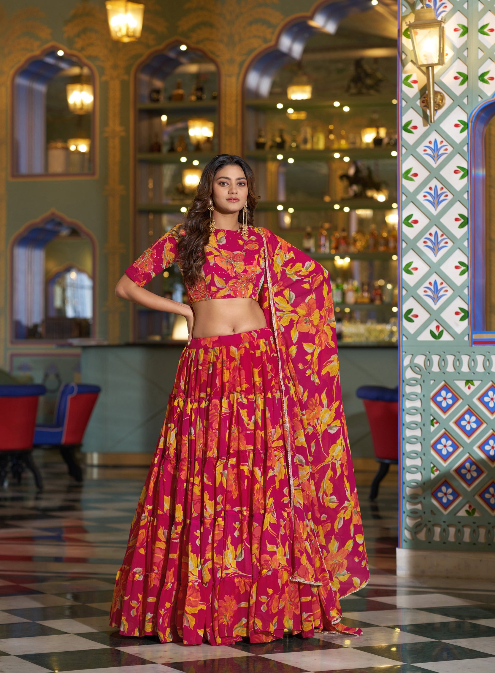 Lorenvalley Fashion Multicolor Marble Floral Printed Lehenga Choli With Dupatta - Dista