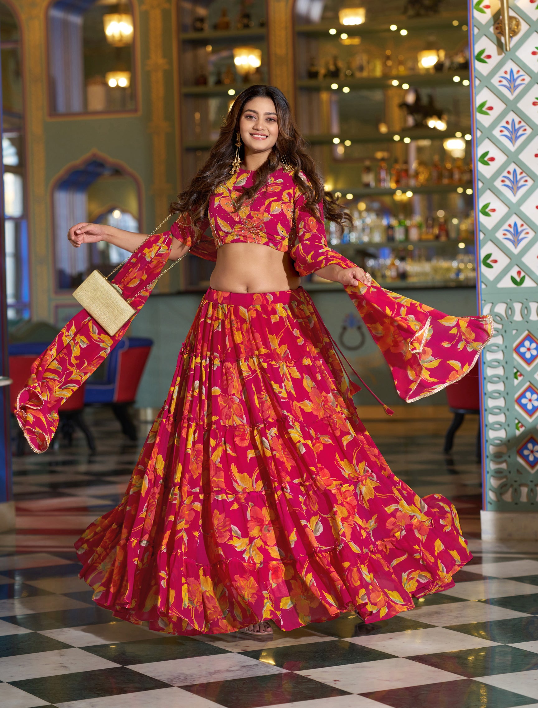 Lorenvalley Fashion Multicolor Marble Floral Printed Lehenga Choli With Dupatta - Dista