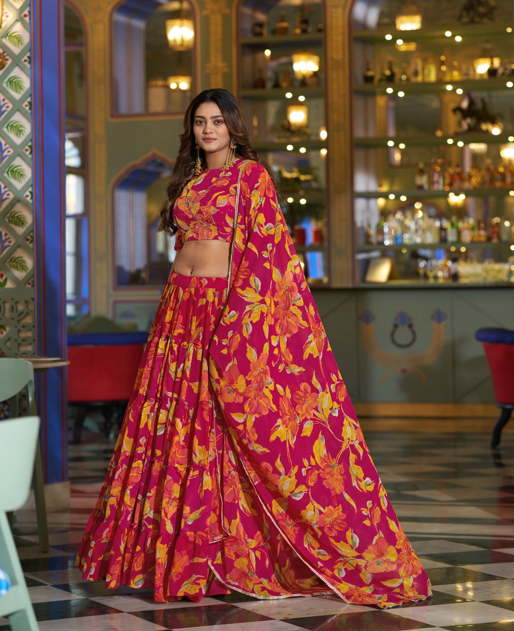 Lorenvalley Fashion Multicolor Marble Floral Printed Lehenga Choli With Dupatta - Dista