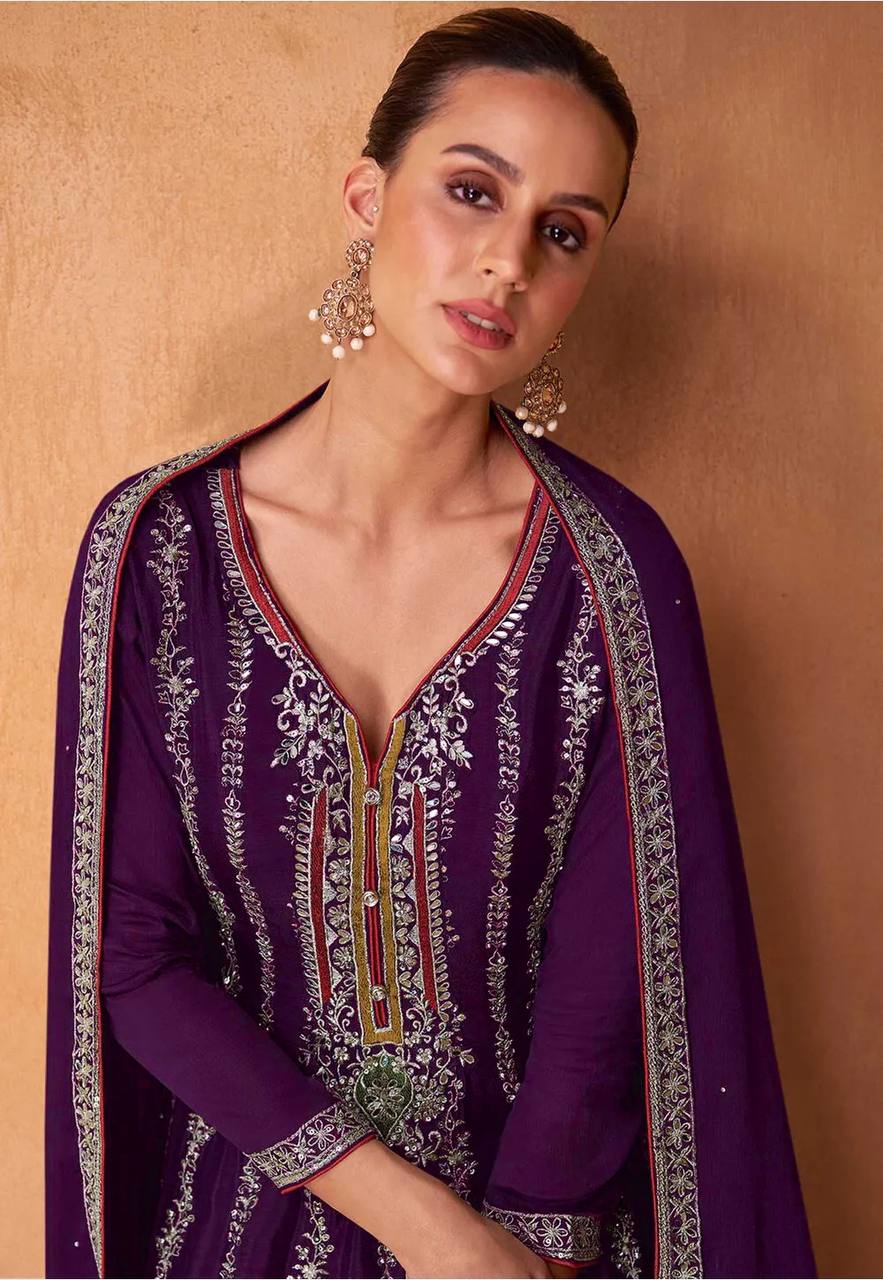 Lorenvalley Purple Chinon Embroidery With Sequince Work Salwar Kameez Stitched - Distacart