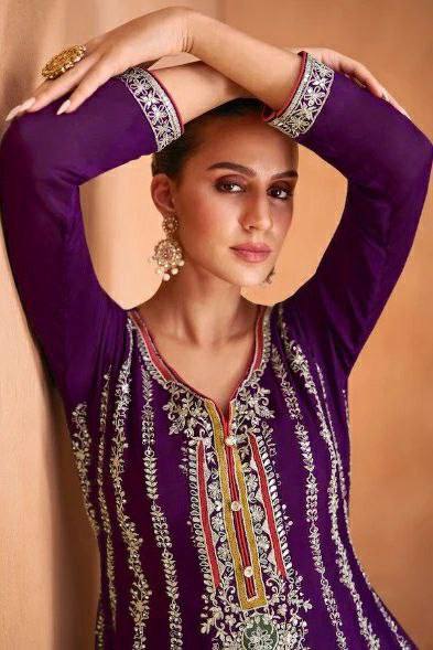 Lorenvalley Purple Chinon Embroidery With Sequince Work Salwar Kameez Stitched - Distacart