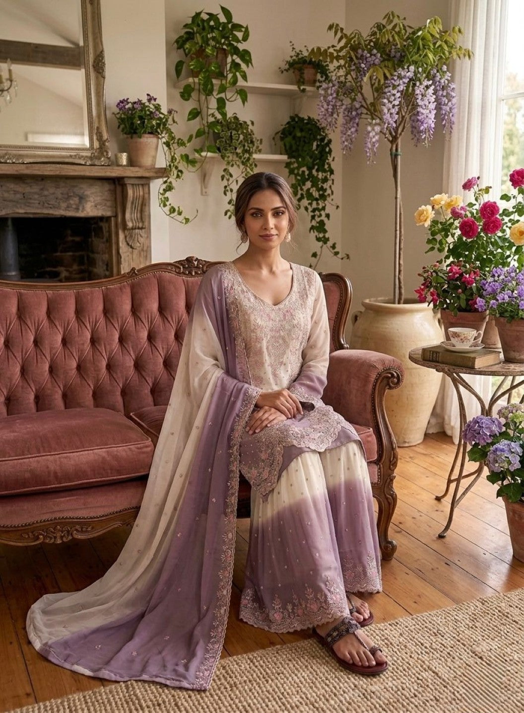 Anaita White & Purple Georgette Readymade Suit with Embroidery Thread Work - Dista
