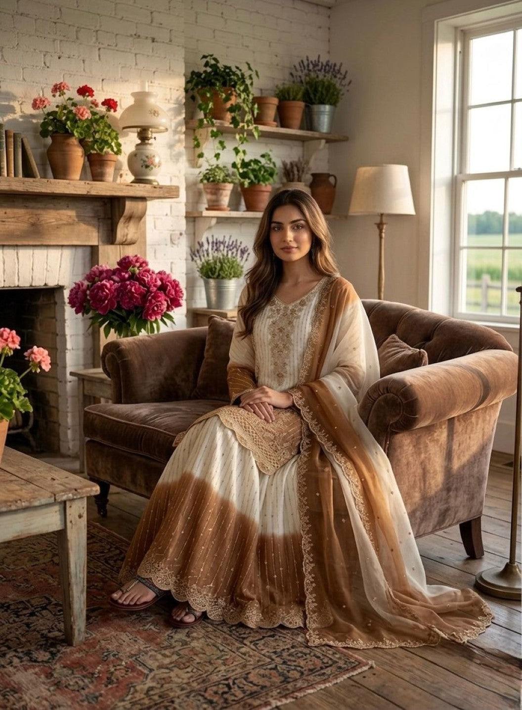 Anaita White & Brown Georgette Readymade Suit with Embroidery Thread Work - Dista