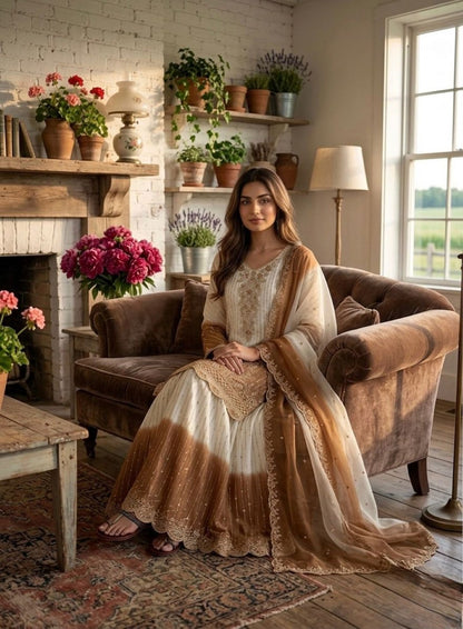 Anaita White & Brown Georgette Readymade Suit with Embroidery Thread Work - Dista