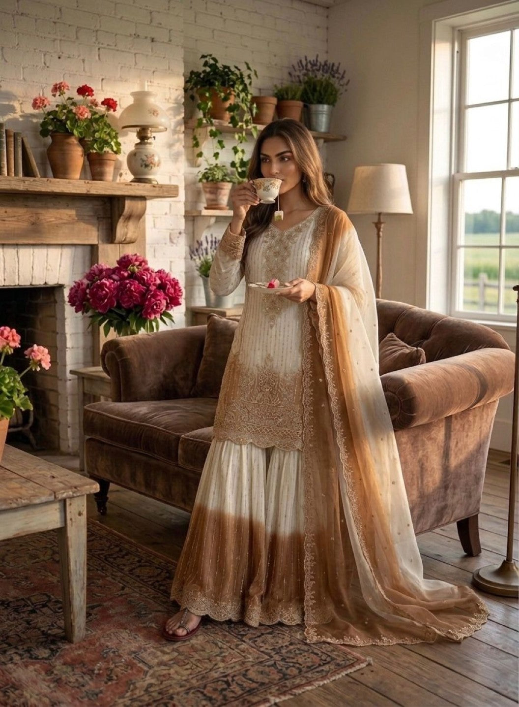 Anaita White & Brown Georgette Readymade Suit with Embroidery Thread Work - Dista