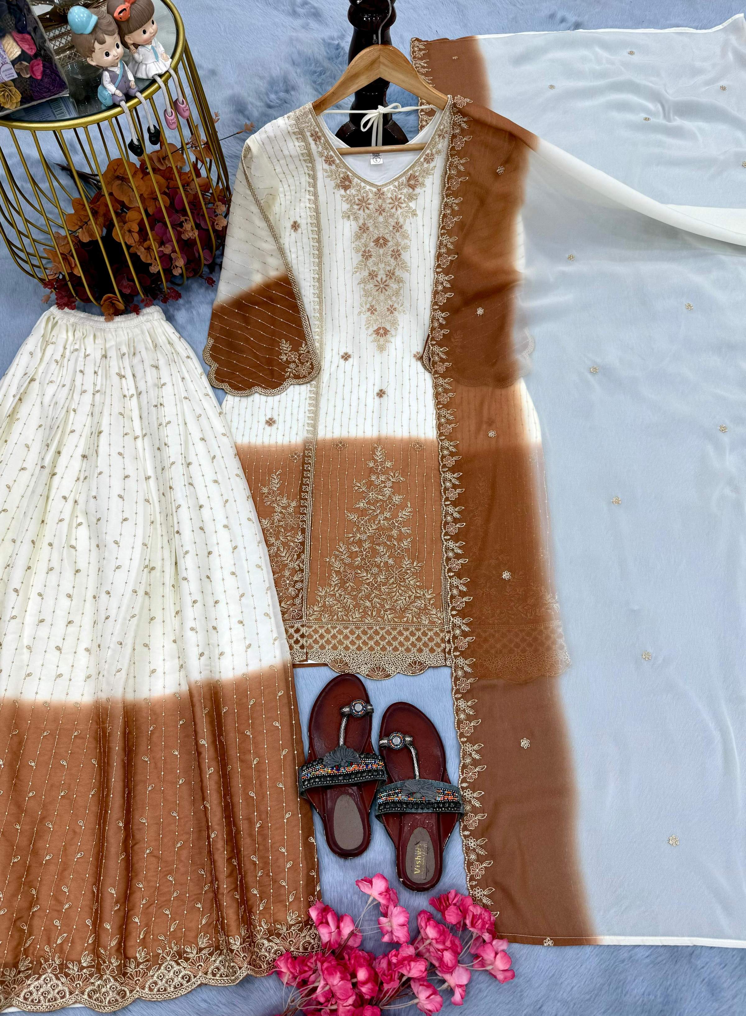 Anaita White & Brown Georgette Readymade Suit with Embroidery Thread Work - Dista