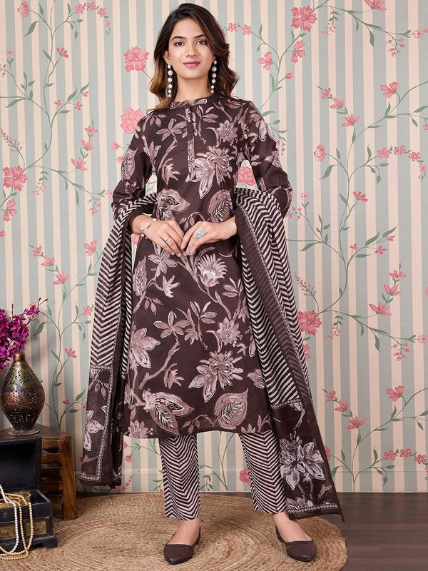 Ode by House of Pataudi Floal Printed Regular Pure Cotton Kurta with Trousers & Dupatta - Distacart