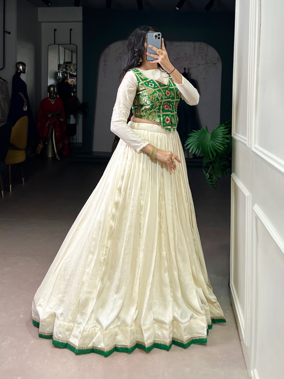Lorenvalley Fashion Off White Vichitra Silk Lace Touch Up Lehenga Choli