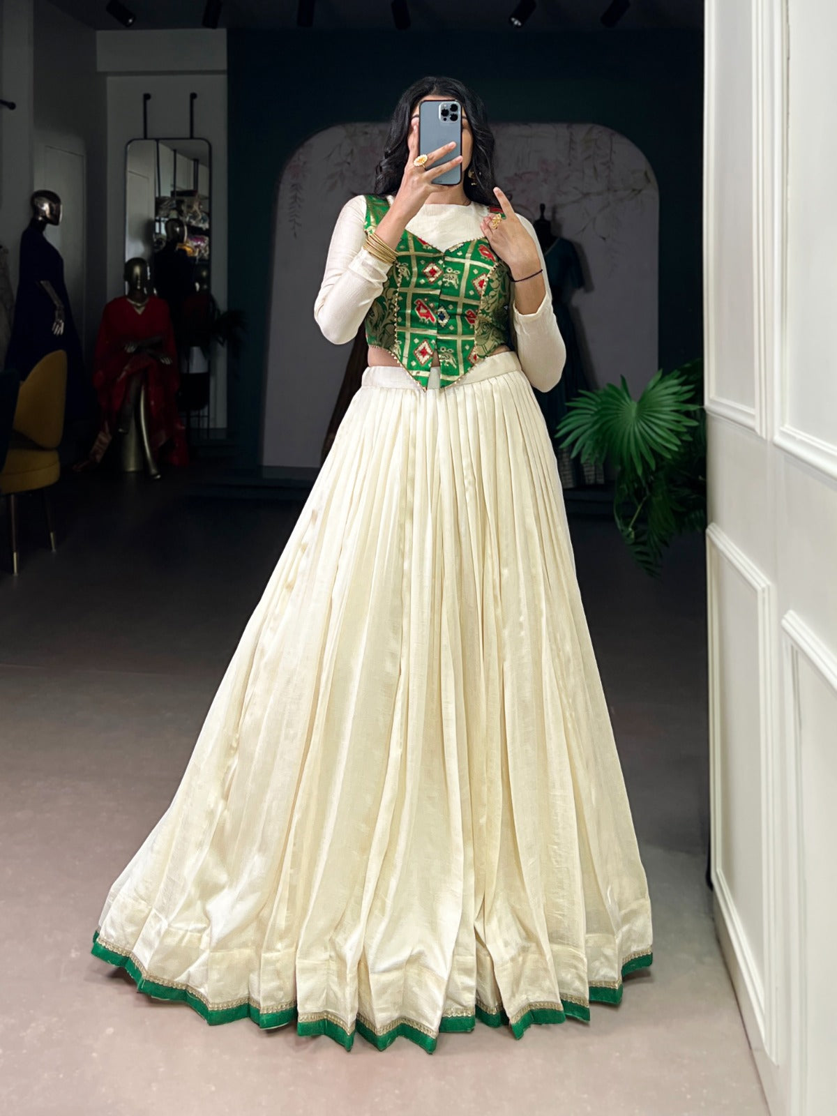 Lorenvalley Fashion Off White Vichitra Silk Lace Touch Up Lehenga Choli