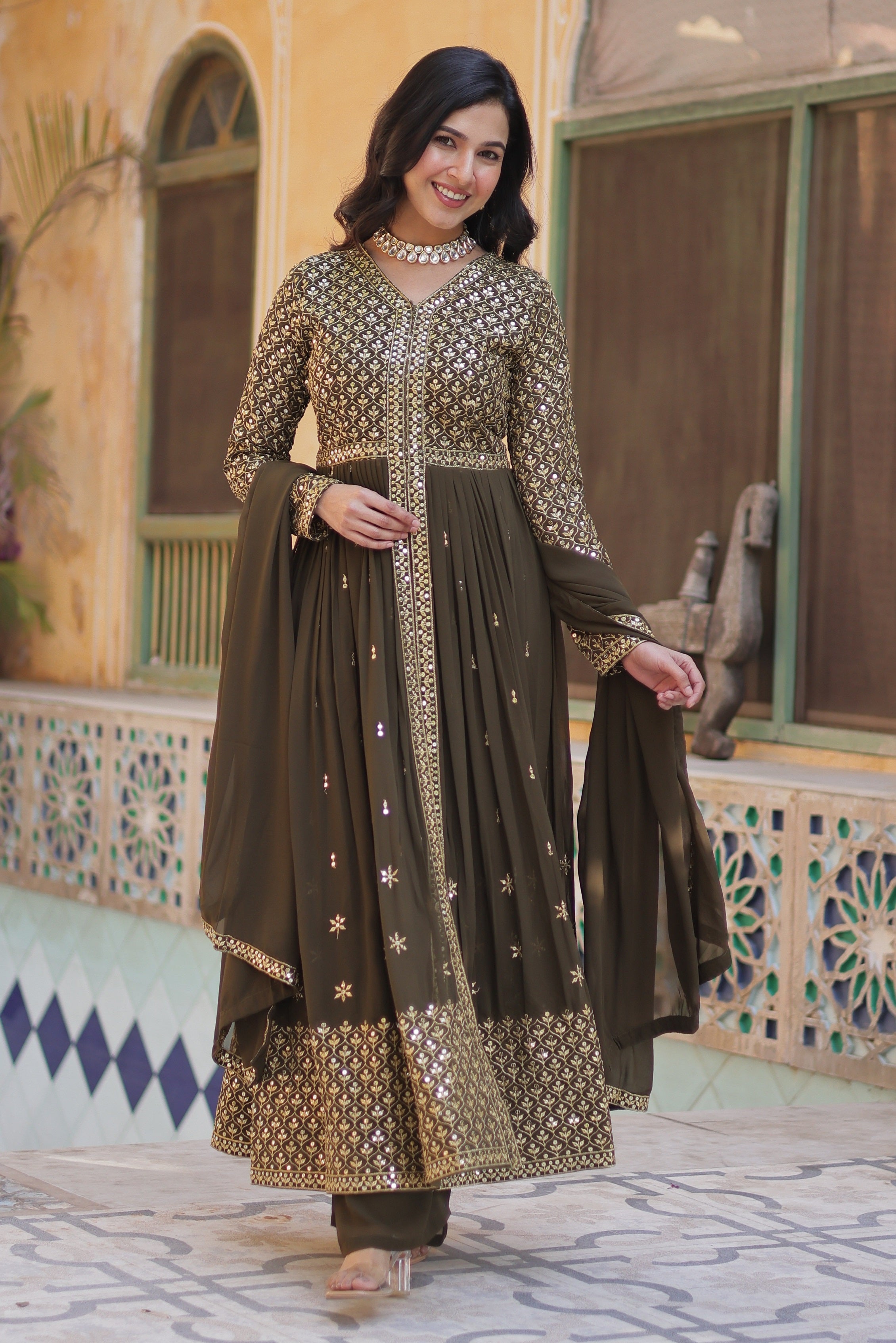 Vedant Vastram Heavy Embroidery & Sequins Work Pure Georgette Kurti Pant Set With Dupatta - Mehendi - Distacart