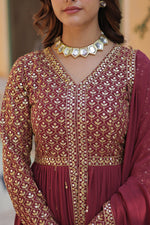 Thumbnail for Vedant Vastram Heavy Embroidery & Sequins Work Pure Georgette Kurti Pant Set With Dupatta - Peach - Distacart