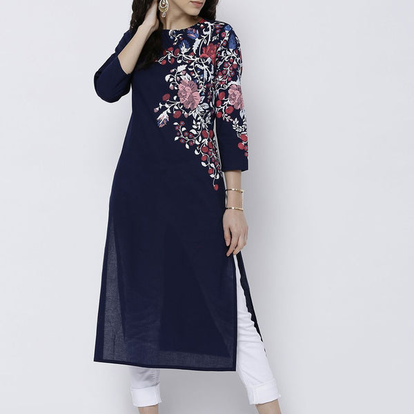 Vishudh Women Navy Printed Straight Kurta - Distacart