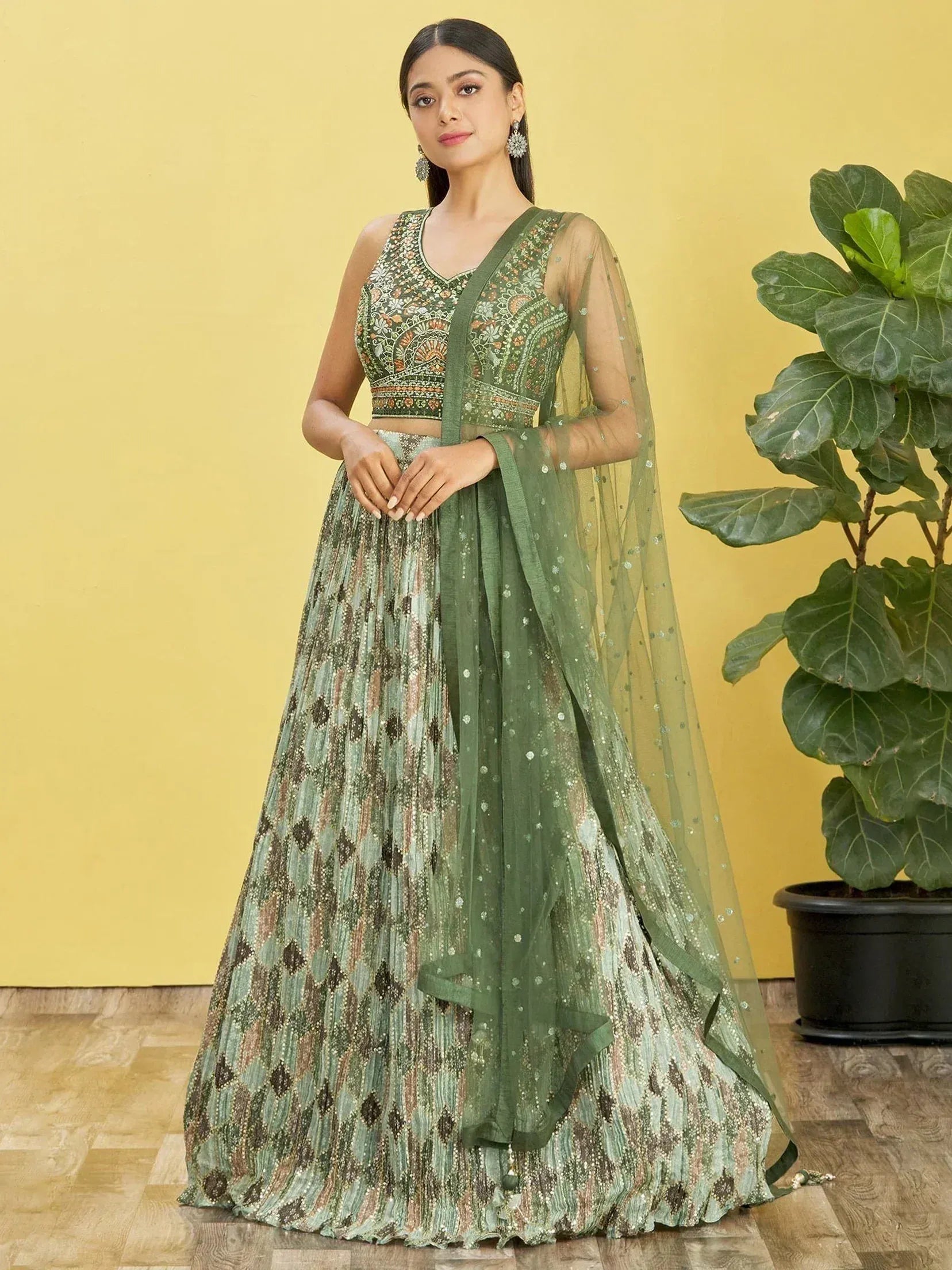 Tulsi Art Attractive Green Embroidered Chinon Mehendi Wear Lehenga Choli - Dista