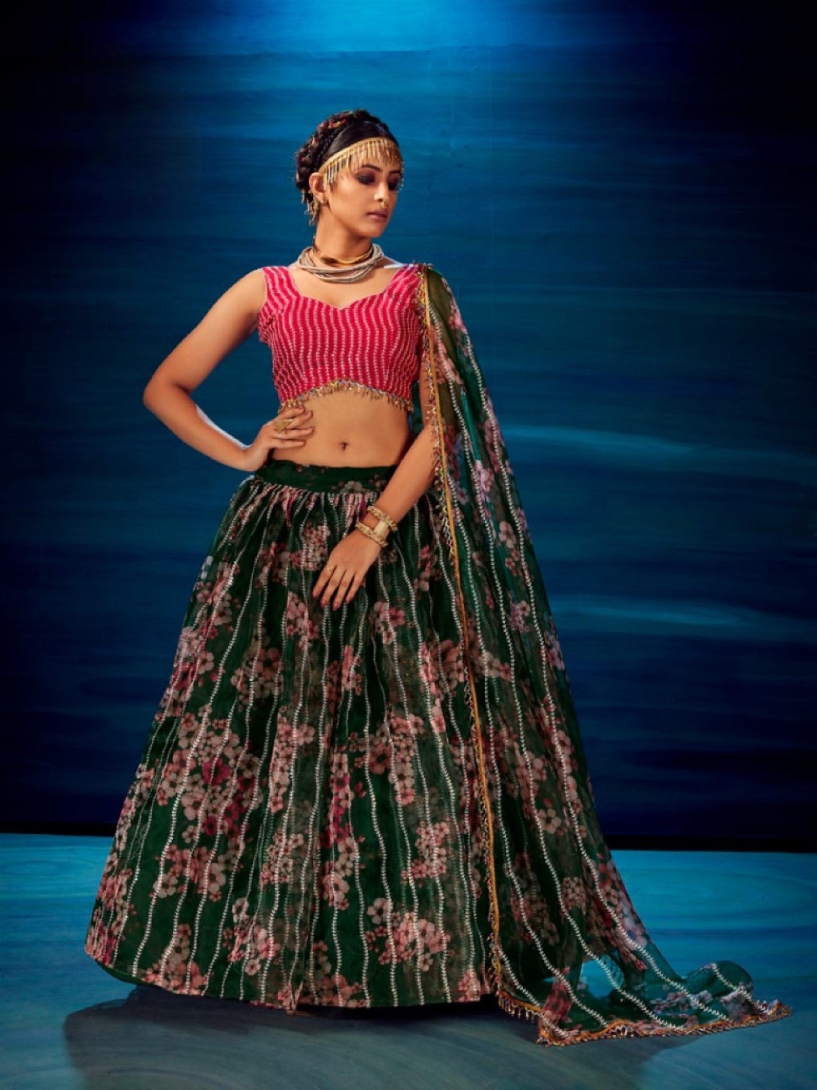 Anaita Dark-Green Organza Lehenga Choli With Sequence & Thread Work - Distacart