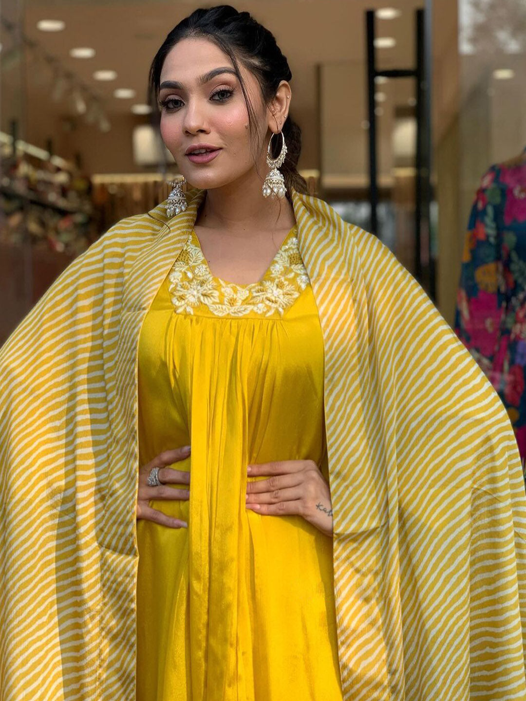 Kalini Embroidered Silk Chiffon Kurta With Trousers & Dupatta - Distacart
